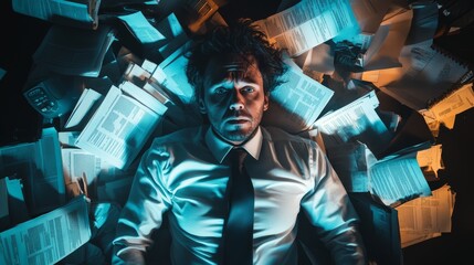 Wall Mural - overwhelmed professional surrounded by documents and papers