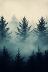 Sticker - Thick fog envelops a dense forest with tall trees partially obscured, creating an eerie and mystical atmosphere in early morning light