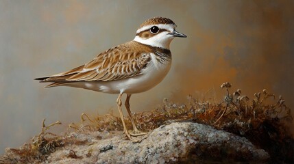 Canvas Print - Detailed Painting of a Small Brown and White Bird on a Rock