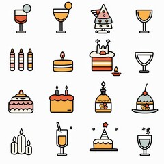 Professional And Minimalist Icons, Party and Celebration, Lineal color, line art, flat, 2d, black and white, white background