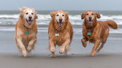 A golden retriever and a brown dog joyfully chase each other while splashing in the shallow water at the beach, with a backdrop of ocean waves and blue sky