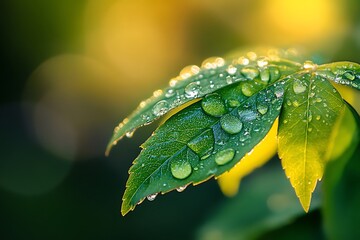 Sticker - Dewdrops on green leaves in the morning sunlight, nature macro photography