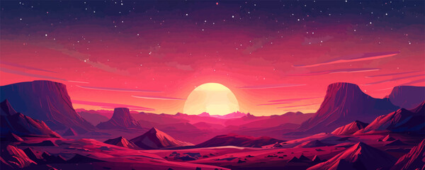 Wall Mural - desert planet landscape with magnificent red rocks and a starry sky. vector flat minimalistic isolat