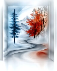 Wall Mural - a serene landscape featuring a winding road surrounded by vibrant red and blue trees in a misty, eth
