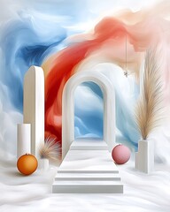 Wall Mural - A surreal digital landscape featuring arches, colorful elements, and a dreamy atmosphere, blending soft hues of blue, red, and white.