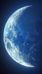 Wall Mural - A bright crescent moon displays its surface details, including craters and shadows, against a deep blue background of stars. The tranquil night sky enhances the moon's beauty.