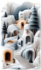 Wall Mural - a whimsical winter landscape featuring snow-covered hills, cozy buildings, winding stairs, and everg