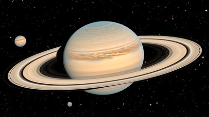 Wall Mural - The majestic planet Saturn is displayed with its iconic rings and several moons, floating in the vast darkness of space. This captivating view highlights its atmospheric patterns.