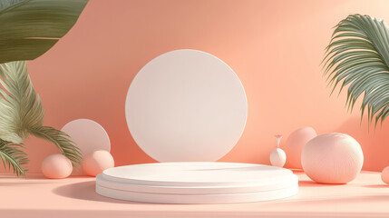 Wall Mural - A minimalist 3D podium mockup with a white base, surrounded by geometric abstract shapes in pastel colors, set on a soft peach background for a clean and modern look.