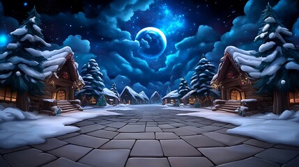 Wall Mural - a serene winter village scene under a starry night sky, featuring snow-covered houses and a bright, 