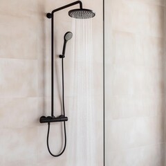 Matte black wall-mounted shower head and controls in a frameless glass shower, minimalist bathroom fixtures, modern elegance