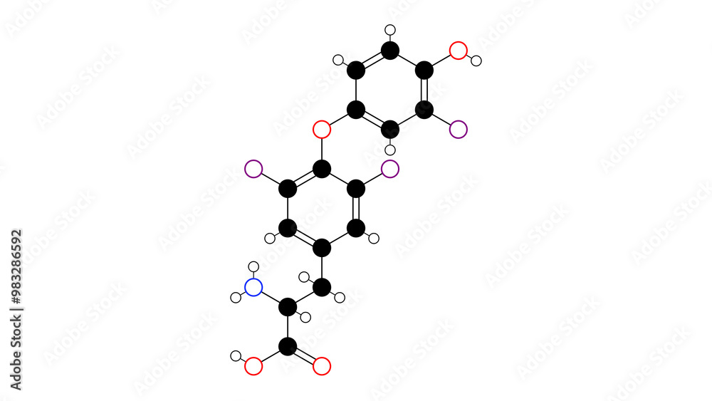 Triiodo triiodothyronine molecule, structural chemical formula, ball-and-stick ...
