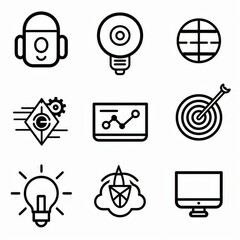 Professional And Minimalist Icons, Strategy, Line art, flat, 2d, black and white, white background stylize 50