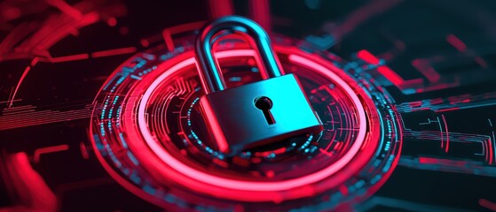 Poster - A digital lock symbolizing security in cyber technology, illuminated with vibrant colors and a futuristic backdrop.