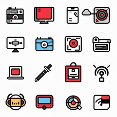 Professional And Minimalist Icons, Technology, Lineal color, line art, flat, 2d, black and white, white background