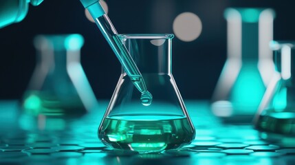 Poster - a laboratory scene showcasing a pipette dripping liquid into a flask, emphasizing science and experi