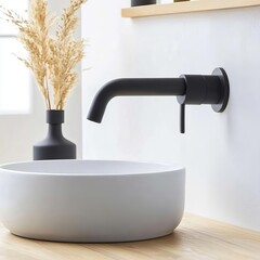 Wall-mounted matte black faucet with seamless integration into the wall, minimalist bathroom fixtures, modern design