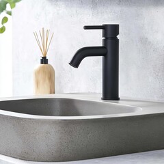 Wall-mounted matte black faucet with minimalist handles, neutral backsplash, minimalist bathroom fixtures, modern bold touch