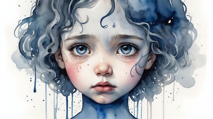 Wall Mural - Emotive digital watercolor portrait of a child with dark curly hair and large blue eyes, framed by fluid brushstrokes and subtle paint splashes, perfect for emotional and contemplative artwork.