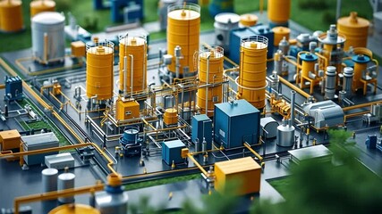 Poster - industrial facility featuring yellow and blue tanks and equipment in a processing plant during dayli