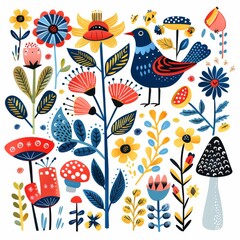 Scandinavian folk art with flowers, mushrooms and birds, colorful, highly detailed, clipart, isolated on white stylize 50