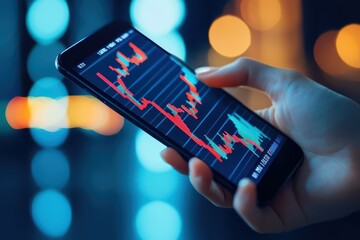Poster - Close-up of a hand holding a smartphone displaying stock market data with vibrant colors and blurred background.