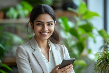 indian business woman in formal attire using cellphone while smiling in a modern office space