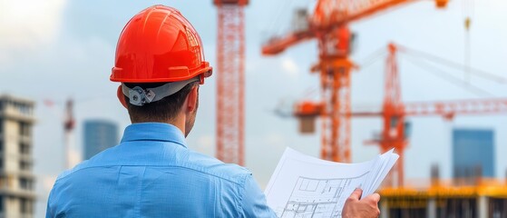 Construction worker reviewing blueprints at a building site, surrounded by cranes and modern architecture in the background.