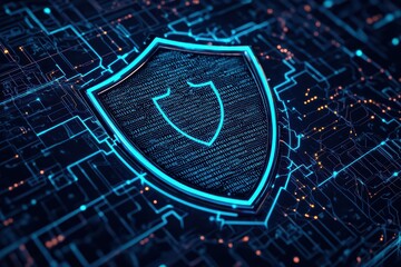 Poster - Futuristic digital shield symbolizing protection on a circuit board background, representing cybersecurity and data security.