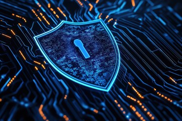 Poster - Secure shield symbol on digital circuit background representing cybersecurity and data protection in a modern tech environment.