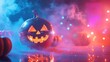 © Nadin Faust - shiny disco ball pumpkin with colorful lights and smoke on a reflective surface, creating a lively Halloween party atmosphere with vibrant colors and festive energy