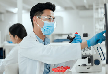 Poster - Computer, blood test and man in lab for science breakthrough, clinical trial or discovery. DNA vial, medical mask or scientist reading results for vaccine research, mpox cure or remedy development