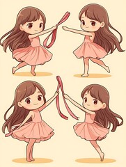 Sticker - Cute Cartoon Girl Dancing With Ribbon, Set of 4 Illustrations