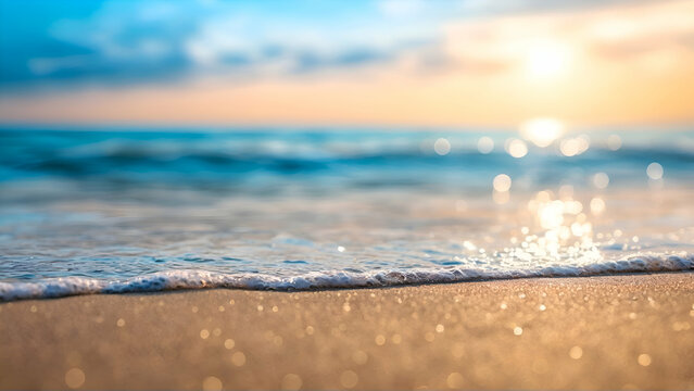 Seascape abstract beach background. blur bokeh light of calm sea and sky. Focus on sand foreground