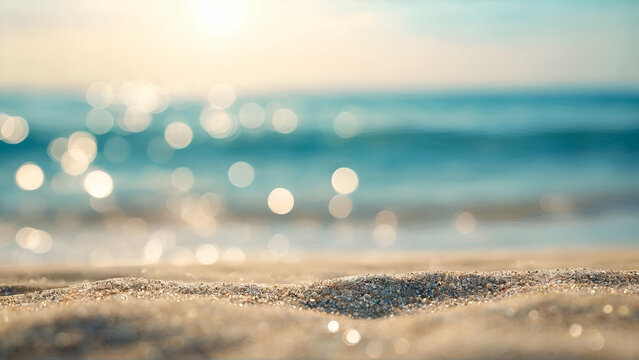 Seascape abstract beach background. blur bokeh light of calm sea and sky. Focus on sand foreground