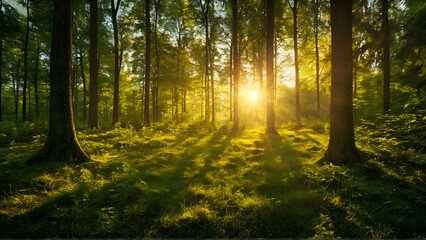 Wald Panorama mit Sonnenstrahlen