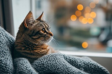 Tabby Cat Gazing Out Window, Wrapped in Gray Blanket