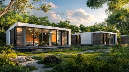 An innovative design of a modular home, each module clad in fiber cement siding, set in a lush green environment to demonstrate its durability in varying climates