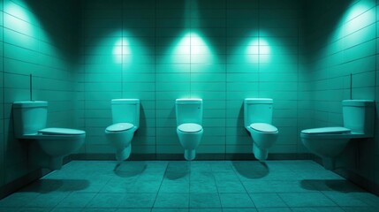 Sticker - A row of toilets in a bathroom with green lights on, AI