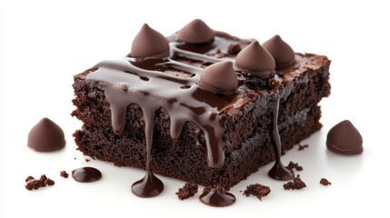 Brownie and chocolate dessert against a white backdrop.
