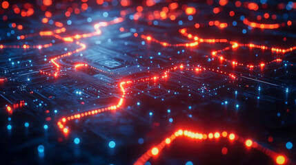 Poster - A futuristic digital network interface connecting glowing cities across the globe at night