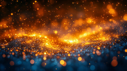 Poster - Sparkling golden light particles floating in a dark, dreamy atmosphere, evoking a magical, festive mood