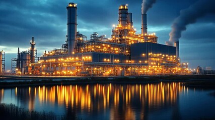 Poster - Industrial power plant illuminated at dusk reflecting on calm water surface