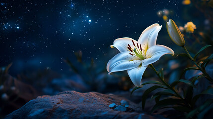 Wall Mural - Lily flower on the background of blue starry sky, night flower, shining lights