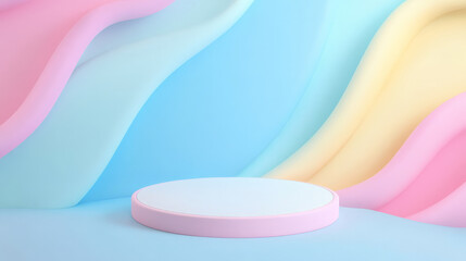 Poster - A sleek 3D product podium with a circular platform, set against a vibrant abstract background of swirling pastel shapes on a light blue backdrop, ideal for product display.