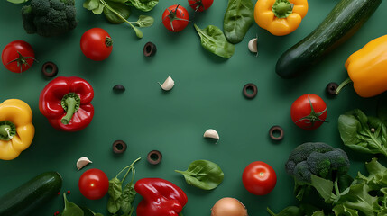 Wall Mural - Fresh vegetables arranged on a green background.