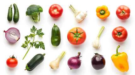 Wall Mural - Variety of fresh vegetables arranged in rows on a white background.