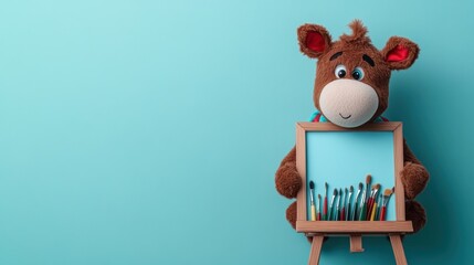 Poster - A stuffed animal holding a wooden easel with paint brushes, AI