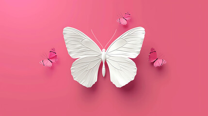 Wall Mural - White butterfly on a pink background surrounded by smaller pink butterflies.