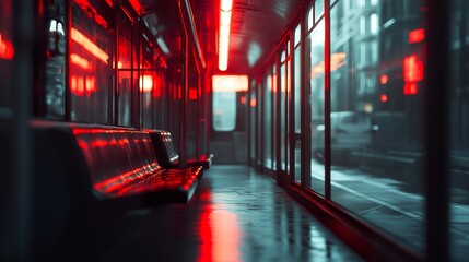 Canvas Print - Empty Bus Stop at Night with Red Lights